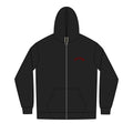 Chest-Logo Full-Zip Hoodie — Minimal Curved Text Design