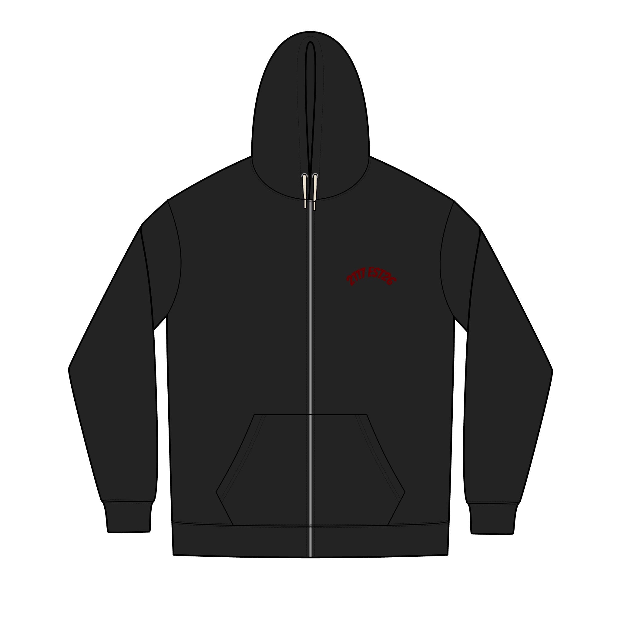 Chest-Logo Full-Zip Hoodie — Minimal Curved Text Design