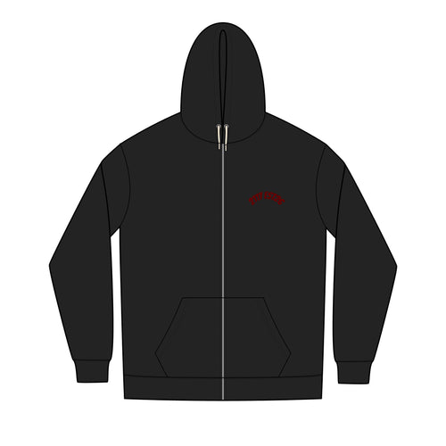 Chest-Logo Full-Zip Hoodie — Minimal Curved Text Design